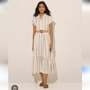 New!!! L.O.V. Viscose Off-White Striped Linen-Blend Tiered Shirt Dress with Belt